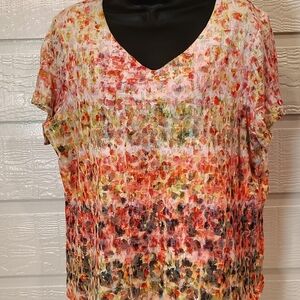 COLDWATER CREEK TSHIRT BLOUSE WOMENS XL 16 WATERCOLOR ARTSY LINED COTTAGE CORE